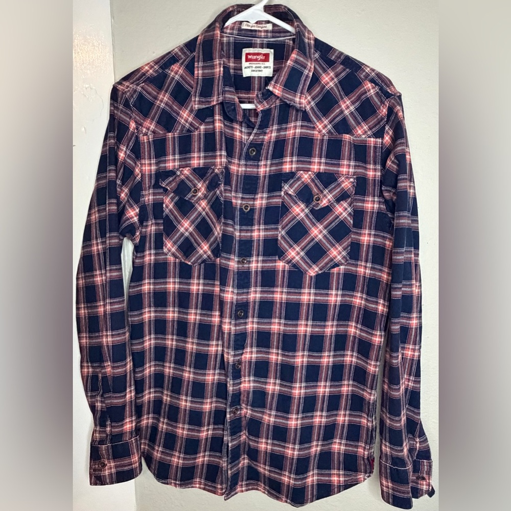 Wrangler Blue Red Plaid long-sleeve button Flannel shirt men Size M